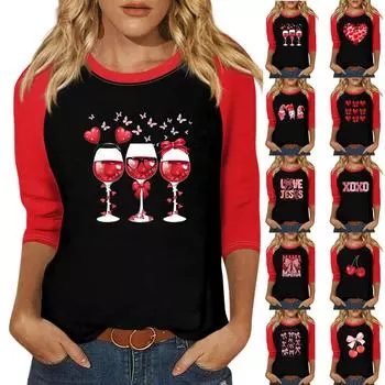 Рубашка для женщин, модная, повседневная, рукав реглан, круглый вырез, рукав 3/4, свободная, с принтом, футболка, топ S