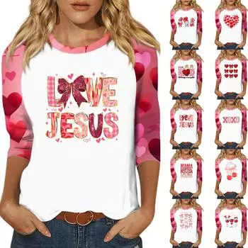 Рубашка для женщин, модная, повседневная, рукав реглан, круглый вырез, рукав 3/4, свободная, с принтом, футболка, топ L