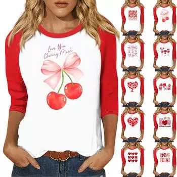 Рубашка для женщин, модная, повседневная, рукав реглан, круглый вырез, рукав 3/4, свободная, с принтом, футболка, топ L красный