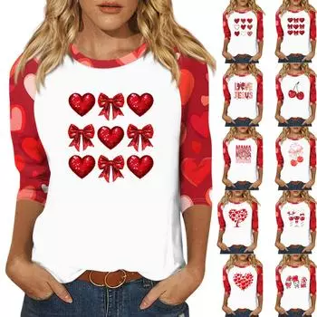 Рубашка для женщин, модная, повседневная, рукав реглан, круглый вырез, рукав 3/4, свободная, с принтом, футболка, топ XXXL