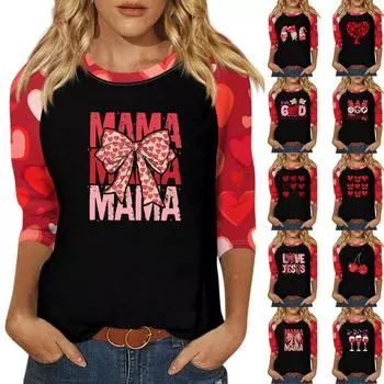 Рубашка для женщин, модная, повседневная, рукав реглан, круглый вырез, рукав 3/4, свободная, с принтом, футболка, топ S киноварь