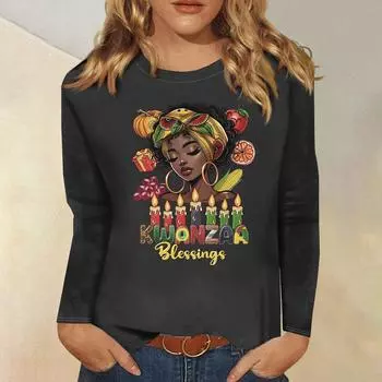 Рубашка для женщин, модная, повседневная, с круглым вырезом, с длинным рукавом, свободная, с принтом Kwanzaa, женская футболка, топ L синий
