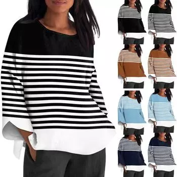 Рубашка для женщин, модная, повседневная, с круглым вырезом, длинным рукавом, свободная, с принтом, женская футболка L