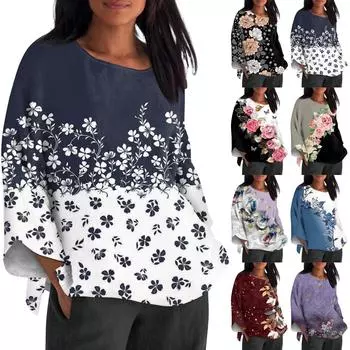 Рубашка для женщин, модная, повседневная, с круглым вырезом, длинным рукавом, свободная, с принтом, женская футболка L серый