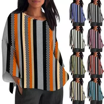 Рубашка для женщин, модная, повседневная, с круглым вырезом, длинным рукавом, свободная, с принтом, женская футболка L чёрный