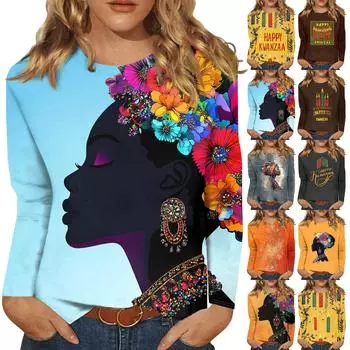 Рубашка для женщин, модная, повседневная, с круглым вырезом, с длинным рукавом, свободная, с принтом Kwanzaa, женская футболка, топ L синий