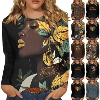 Рубашка для женщин, модная, повседневная, с круглым вырезом, с длинным рукавом, свободная, с принтом Kwanzaa, женская футболка, топ L темно-фиолетового