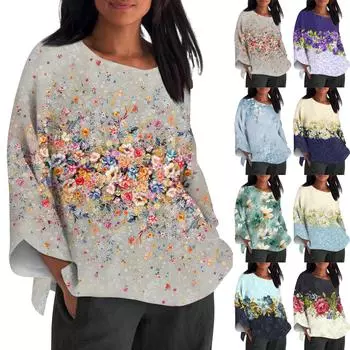 Рубашка для женщин, модная, повседневная, с круглым вырезом, длинным рукавом, свободная, с принтом, женская футболка XL серебряный