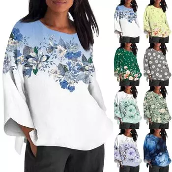 Рубашка для женщин, модная, повседневная, с круглым вырезом, длинным рукавом, свободная, с принтом, женская футболка L белый