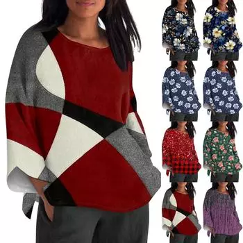 Рубашка для женщин, модная, повседневная, с круглым вырезом, длинным рукавом, свободная, с принтом, женская футболка M