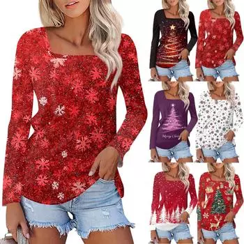 Рубашка для женщин, модная, повседневная, с квадратным вырезом, длинным рукавом, свободная, с рождественским принтом, женская футболка, топ XXXL