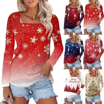 Рубашка для женщин, модная, повседневная, с квадратным вырезом, длинным рукавом, свободная, с рождественским принтом, женская футболка, топ M хаки
