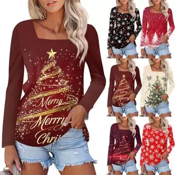 Рубашка для женщин, модная, повседневная, с квадратным вырезом, длинным рукавом, свободная, с рождественским принтом, женская футболка, топ L чёрный