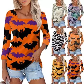 Рубашка для женщин, модная, повседневная, с квадратным вырезом, рукавом 3/4, свободная, с принтом на Хэллоуин, женская футболка, топ XXL