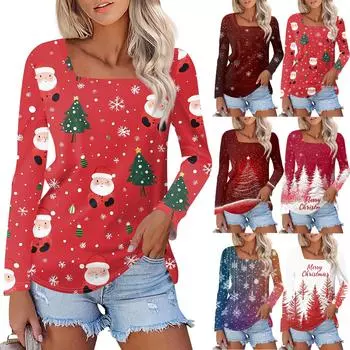 Рубашка для женщин, модная, повседневная, с квадратным вырезом, длинным рукавом, свободная, с рождественским принтом, женская футболка, топ XXXL