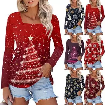 Рубашка для женщин, модная, повседневная, с квадратным вырезом, длинным рукавом, свободная, с рождественским принтом, женская футболка, топ XXXL винный