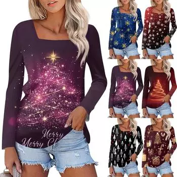 Рубашка для женщин, модная, повседневная, с квадратным вырезом, длинным рукавом, свободная, с рождественским принтом, женская футболка, топ S