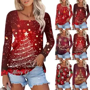 Рубашка для женщин, модная, повседневная, с квадратным вырезом, длинным рукавом, свободная, с рождественским принтом, женская футболка, топ XXL
