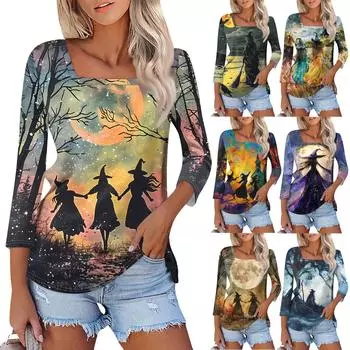 Рубашка для женщин, модная, повседневная, с квадратным вырезом, рукавом 3/4, свободная, с принтом на Хэллоуин, женская футболка, топ M