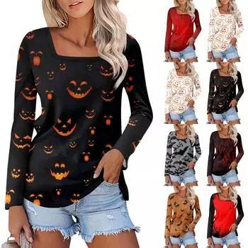 Рубашка для женщин, модная, повседневная, с квадратным вырезом, длинным рукавом, свободная, с принтом на Хэллоуин, женская футболка, топ XXL тёмно-синий