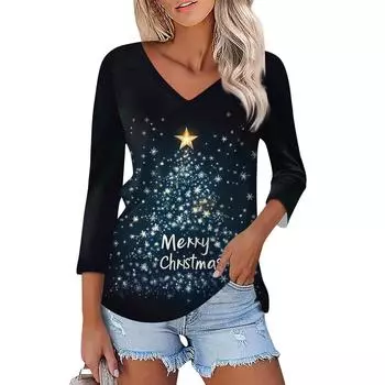 Рубашка для женщин, модная, повседневная, с V-образным вырезом, рукавом 3/4, свободная, с рождественским принтом, женская футболка, топ L чёрный