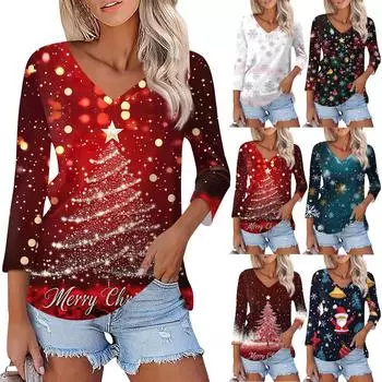 Рубашка для женщин, модная, повседневная, с V-образным вырезом, рукавом 3/4, свободная, с рождественским принтом, женская футболка, топ XL