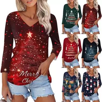 Рубашка для женщин, модная, повседневная, с V-образным вырезом, рукавом 3/4, свободная, с рождественским принтом, женская футболка, топ S винный