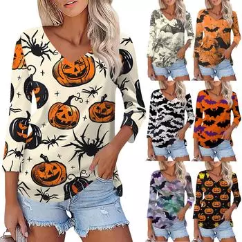 Рубашка для женщин, модная, повседневная, с V-образным вырезом, рукавом 3/4, свободная, с принтом на Хэллоуин, женская футболка, топ S