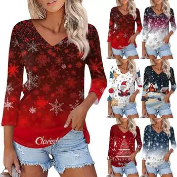Рубашка для женщин, модная, повседневная, с V-образным вырезом, рукавом 3/4, свободная, с рождественским принтом, женская футболка, топ L белый