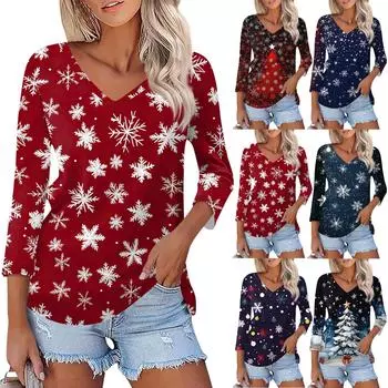 Рубашка для женщин, модная, повседневная, с V-образным вырезом, рукавом 3/4, свободная, с рождественским принтом, женская футболка, топ M красный