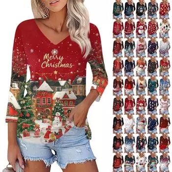 Рубашка для женщин, модная, повседневная, с V-образным вырезом, рукавом 3/4, свободная, с рождественским принтом, женская футболка, топ XXL красный