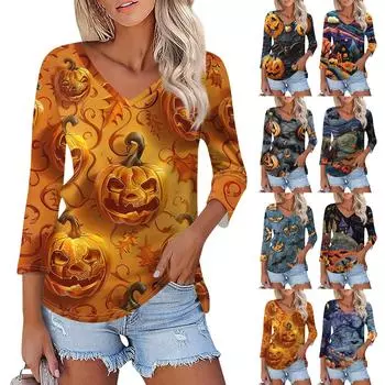 Рубашка для женщин, модная, повседневная, с V-образным вырезом, рукавом 3/4, свободная, с принтом на Хэллоуин, женская футболка, топ XXL оранжевый