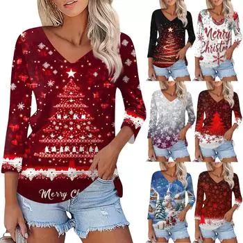 Рубашка для женщин, модная, повседневная, с V-образным вырезом, рукавом 3/4, свободная, с рождественским принтом, женская футболка, топ L синий