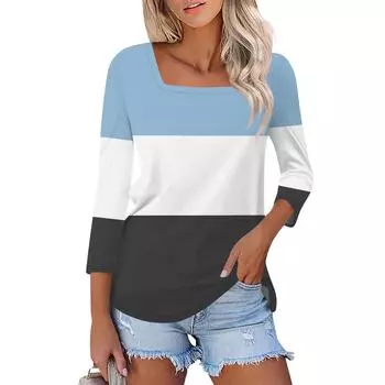 Рубашка для женщин, модная повседневная свободная футболка с квадратным вырезом и рукавами 3/4, женский топ L синий