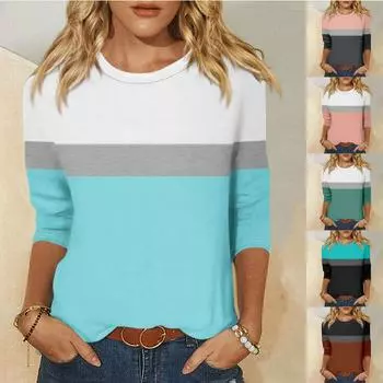 Рубашка для женщин, модная повседневная свободная футболка с круглым вырезом и рукавами 3/4, женский топ L коричневый