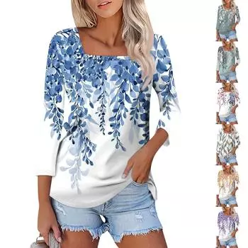 Рубашка для женщин, модная повседневная свободная футболка с квадратным вырезом и рукавами 3/4, женский топ L синий