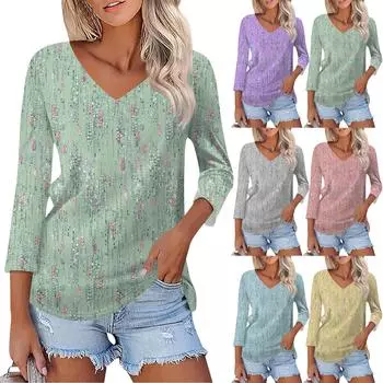 Рубашка для женщин. Модная повседневная свободная футболка с v-образным вырезом и рукавами 3/4. Женский топ. L серый