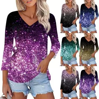 Рубашка для женщин. Модная повседневная свободная футболка с v-образным вырезом и рукавами 3/4. Женский топ. M циан
