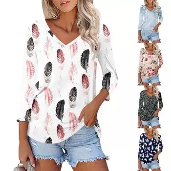 Рубашка для женщин. Модная повседневная свободная футболка с v-образным вырезом и рукавами 3/4. Женский топ. L чёрный