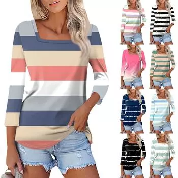 Рубашка для женщин, модная повседневная свободная футболка с квадратным вырезом и рукавами 3/4, женский топ L чёрный