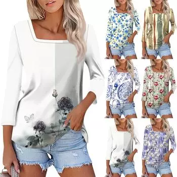 Рубашка для женщин, модная повседневная свободная футболка с квадратным вырезом и рукавами 3/4, женский топ XXXL зелёный