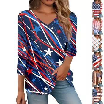 Рубашка для женщин. Модная повседневная свободная футболка с v-образным вырезом и рукавами 3/4. Женский топ. L синий