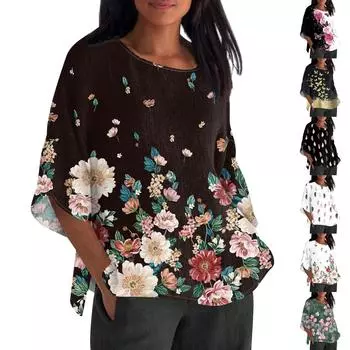 Рубашка для женщин, модная повседневная свободная футболка с круглым вырезом и рукавами 3/4, женский топ L чёрный