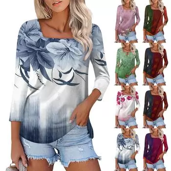 Рубашка для женщин, модная повседневная свободная футболка с квадратным вырезом и рукавами 3/4, женский топ M зелёный