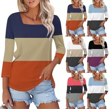 Рубашка для женщин, модная повседневная свободная футболка с квадратным вырезом и рукавами 3/4, женский топ L синий