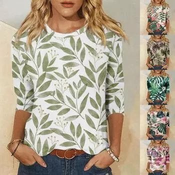 Рубашка для женщин, модная повседневная свободная футболка с круглым вырезом и рукавами 3/4, женский топ L