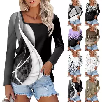 Рубашка для женщин, модная повседневная свободная футболка с квадратным вырезом и длинным рукавом с принтом, женский топ L фиолетовый