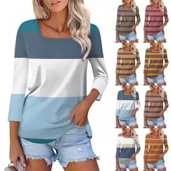 Рубашка для женщин, модная повседневная свободная футболка с квадратным вырезом и рукавами 3/4, женский топ L