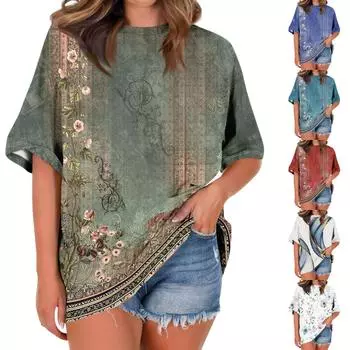 Рубашка для женщин, модная повседневная свободная футболка с принтом и круглым вырезом, с короткими рукавами и принтом, женский топ XL зелёный