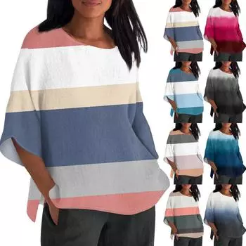 Рубашка для женщин, модная повседневная свободная футболка с круглым вырезом и рукавами 3/4, женский топ L синий